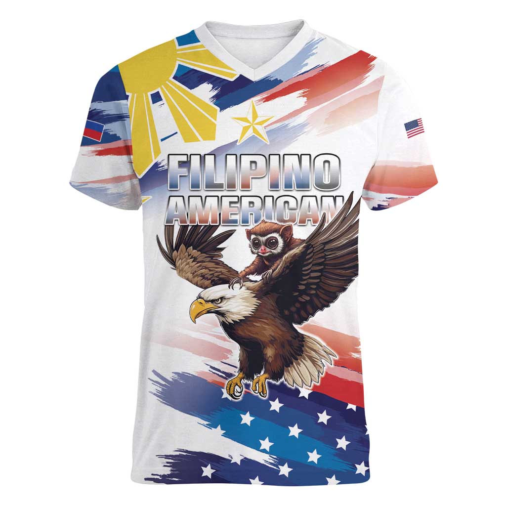 Filipino American History Month Women V-Neck T-Shirt Bald Eagle Tarsier Together