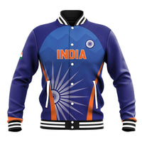 Men's blue baseball jacket with India crest, snap buttons, striped ribbed cuffs