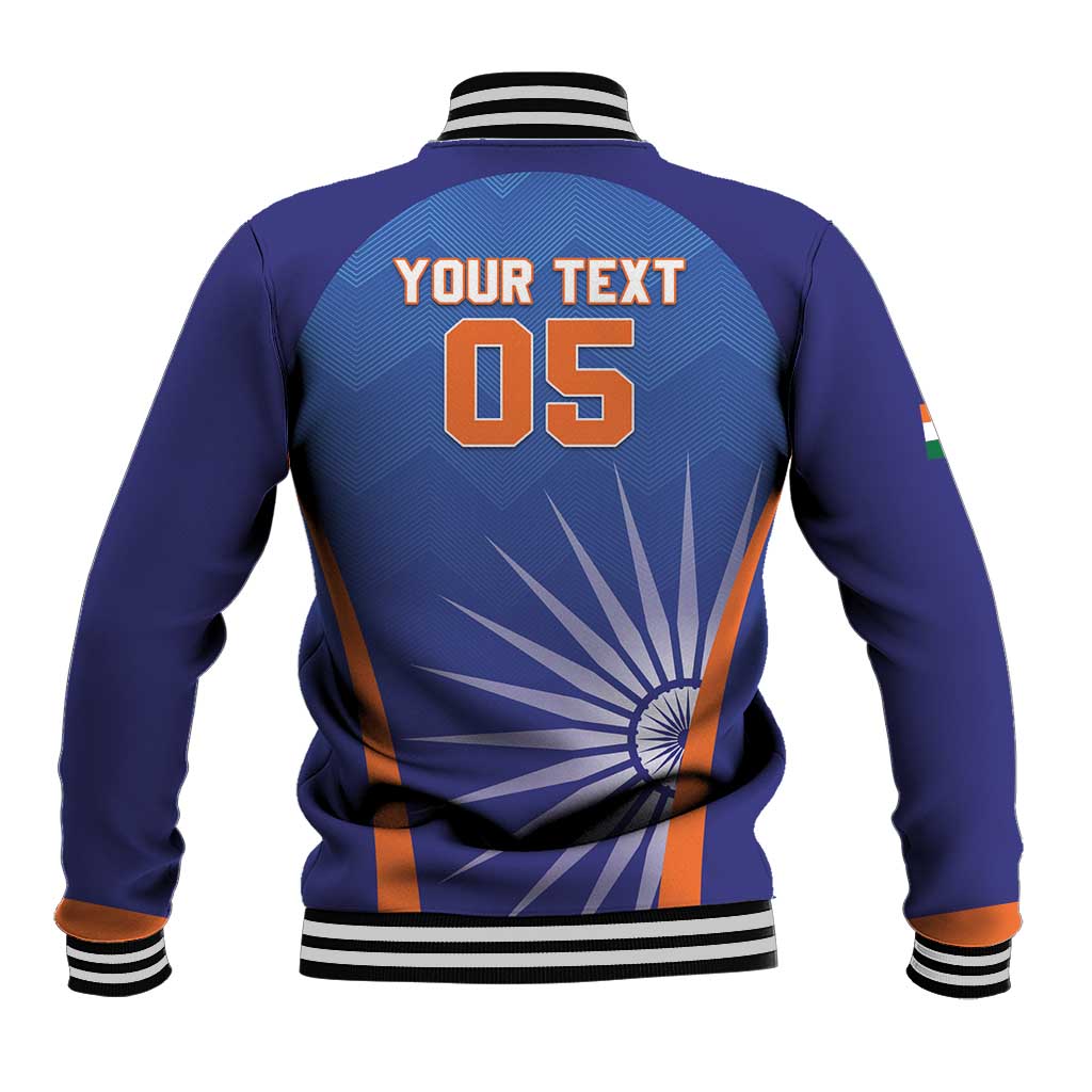Men's blue baseball jacket back with orange 'YOUR TEXT' and '05' graphic, snap front