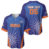 Two blue cricket jerseys: one INDIA front, other YOUR TEXT 05 back, V-neck button placket