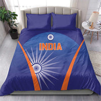 Blue duvet cover bedding set with two matching pillowcases, India emblem and orange trim