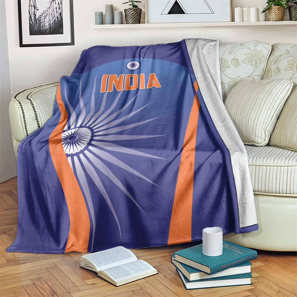 Men's cricket blanket in blue with INDIA text and flag-style orange trim