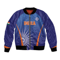 Blue cricket bomber jacket with India front graphic, orange trim, full zipper, ribbed cuffs