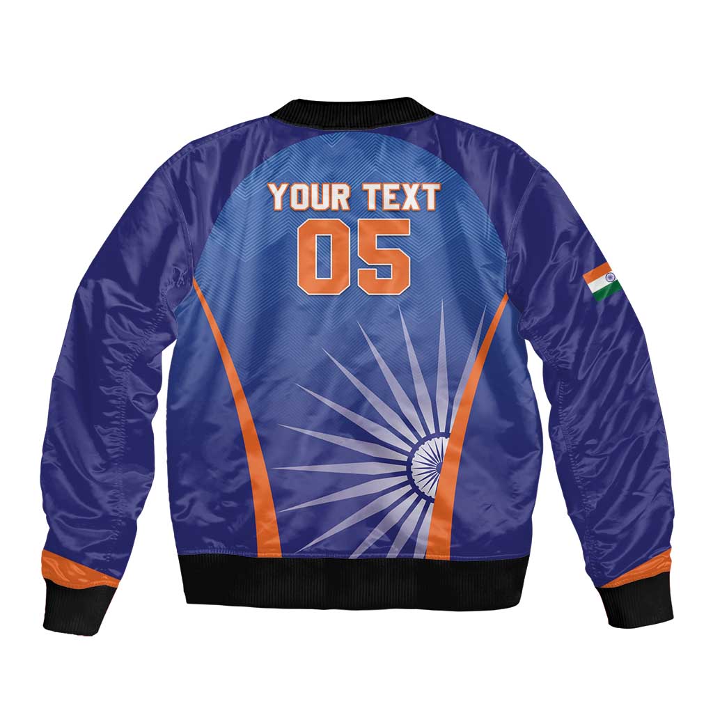 Blue bomber jacket with back print YOUR TEXT 05, orange stripes, ribbed collar and hem