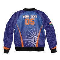 Blue bomber jacket with back print YOUR TEXT 05, orange stripes, ribbed collar and hem