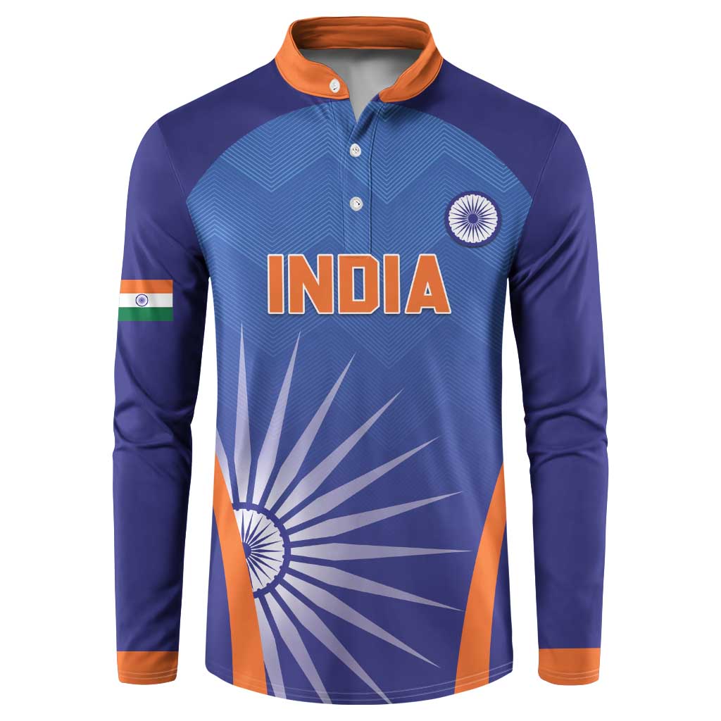 Men's blue cricket button sweatshirt with INDIA graphic and orange trim at collar