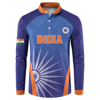 Men's blue cricket button sweatshirt with INDIA graphic and orange trim at collar