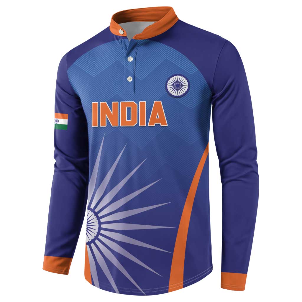 Men's blue cricket button sweatshirt with INDIA chest print, orange collar and sleeve trim
