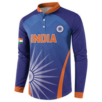Men's blue cricket button sweatshirt with INDIA chest print, orange collar and sleeve trim