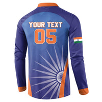 Men's blue cricket button sweatshirt with back YOUR TEXT 05 print and orange piping