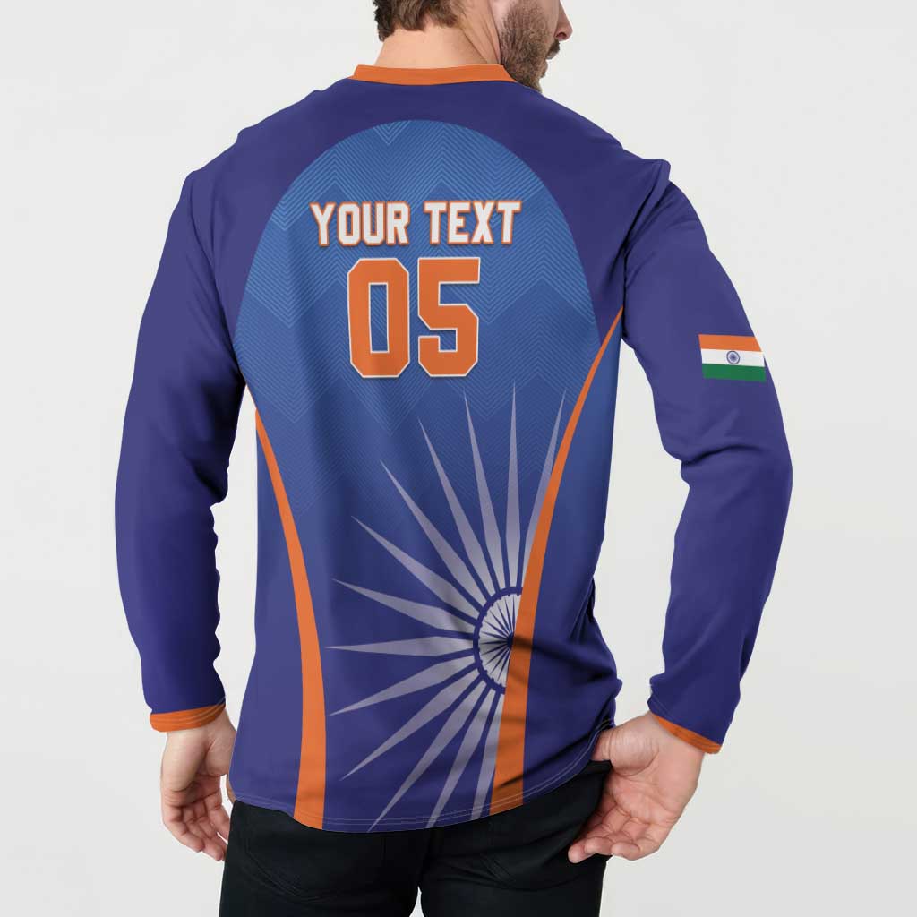 Men's blue cricket button sweatshirt back YOUR TEXT 05 print, orange side panels
