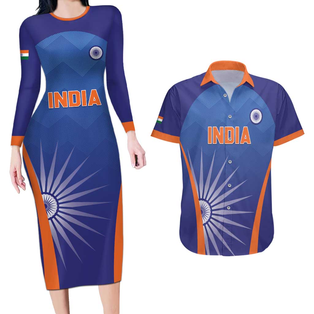 Custom India Cricket Couples Matching Long Sleeve Bodycon Dress and Hawaiian Shirt Go Champions Men In Blue LT05 - Wonder Print Shop