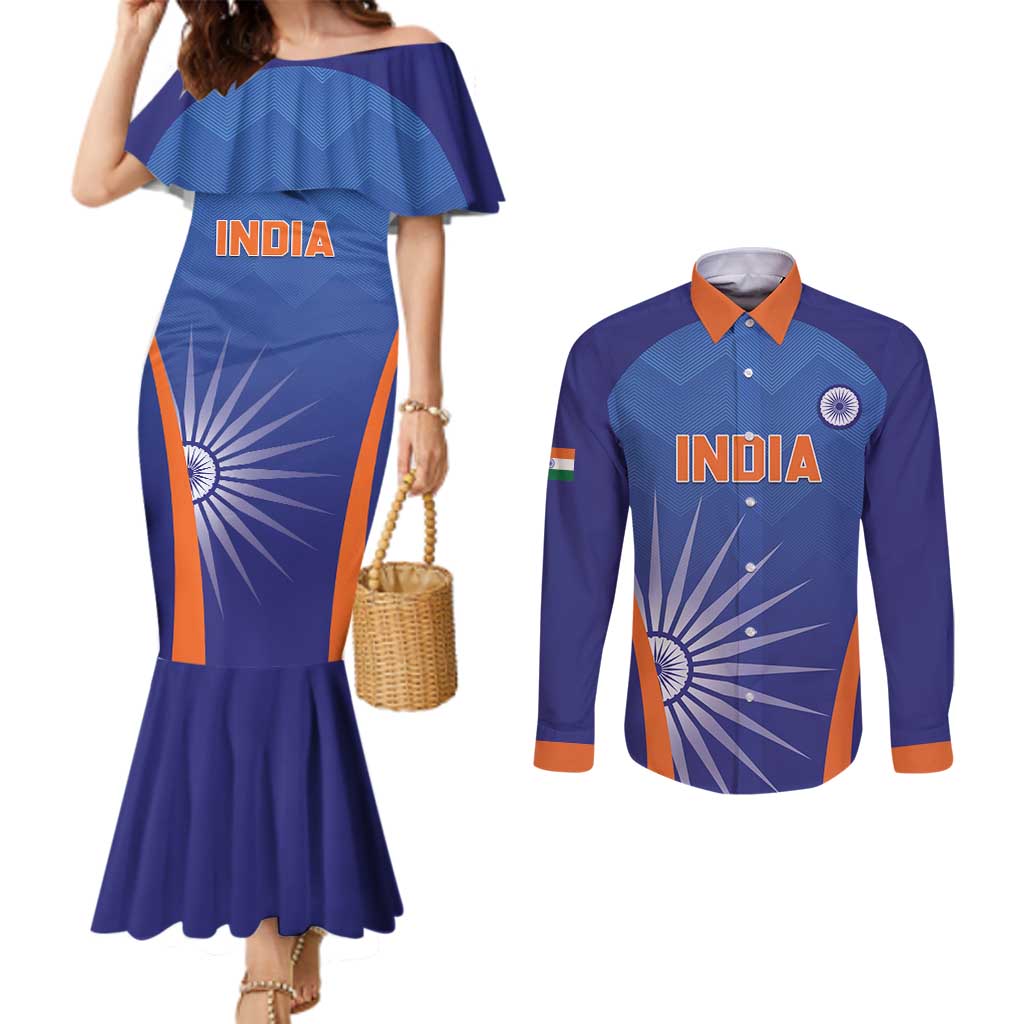 Custom India Cricket Couples Matching Mermaid Dress and Long Sleeve Button Shirt Go Champions Men In Blue