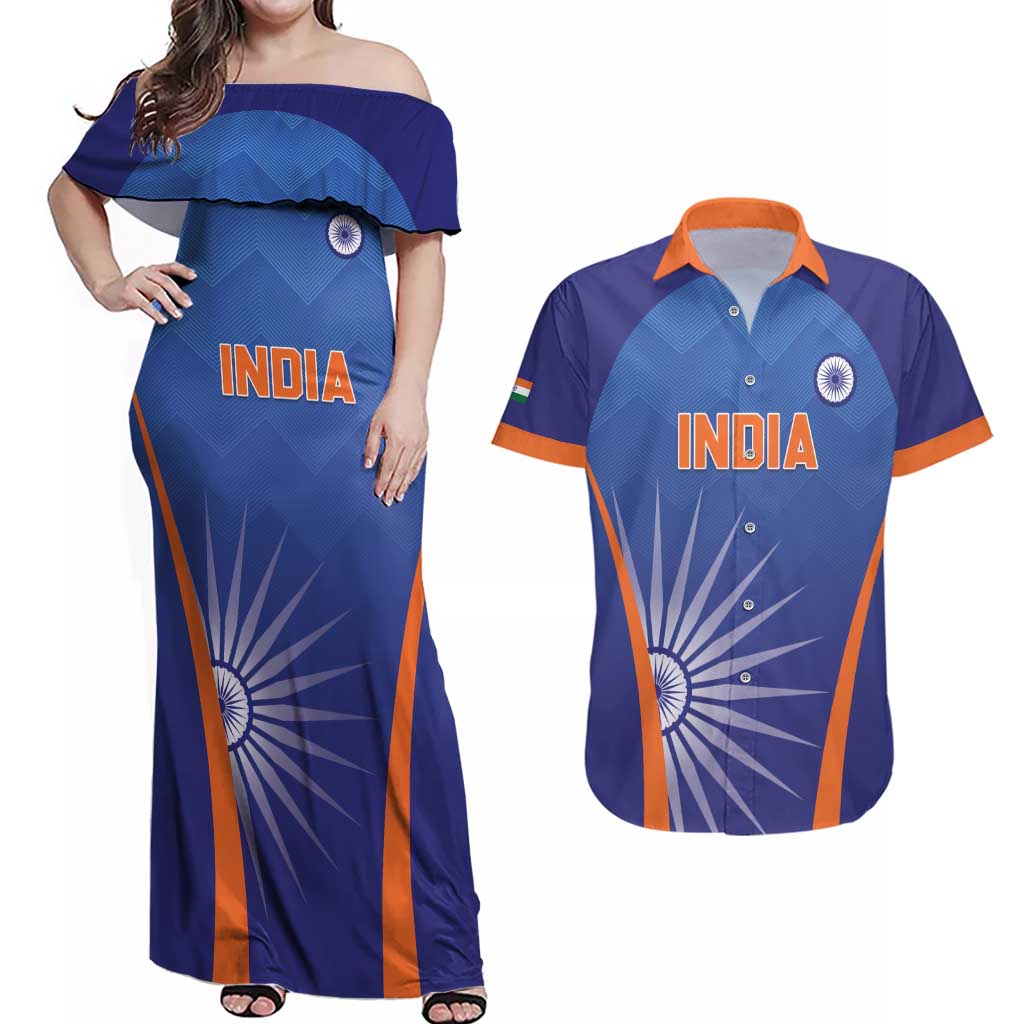 Custom India Cricket Couples Matching Off Shoulder Maxi Dress and Hawaiian Shirt Go Champions Men In Blue LT05 - Wonder Print Shop