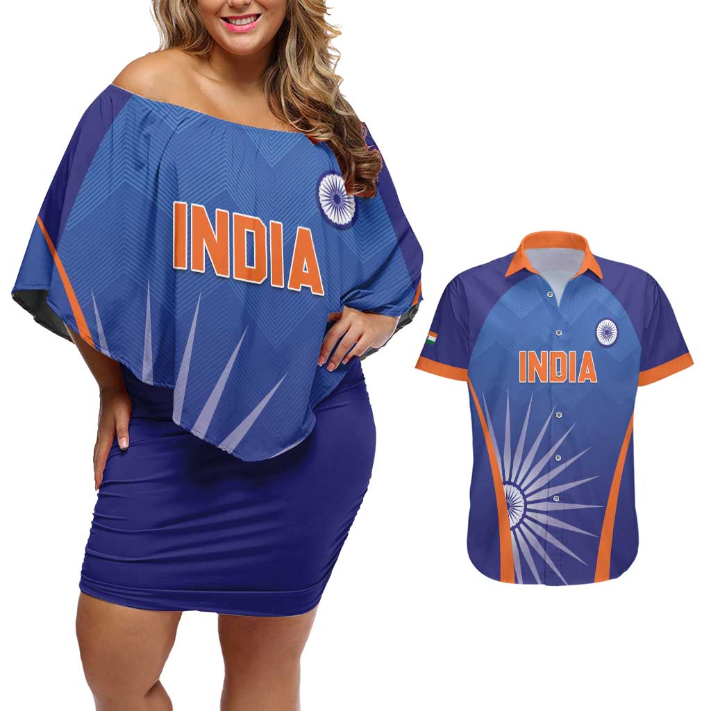 Custom India Cricket Couples Matching Off Shoulder Short Dress and Hawaiian Shirt Go Champions Men In Blue LT05 - Wonder Print Shop