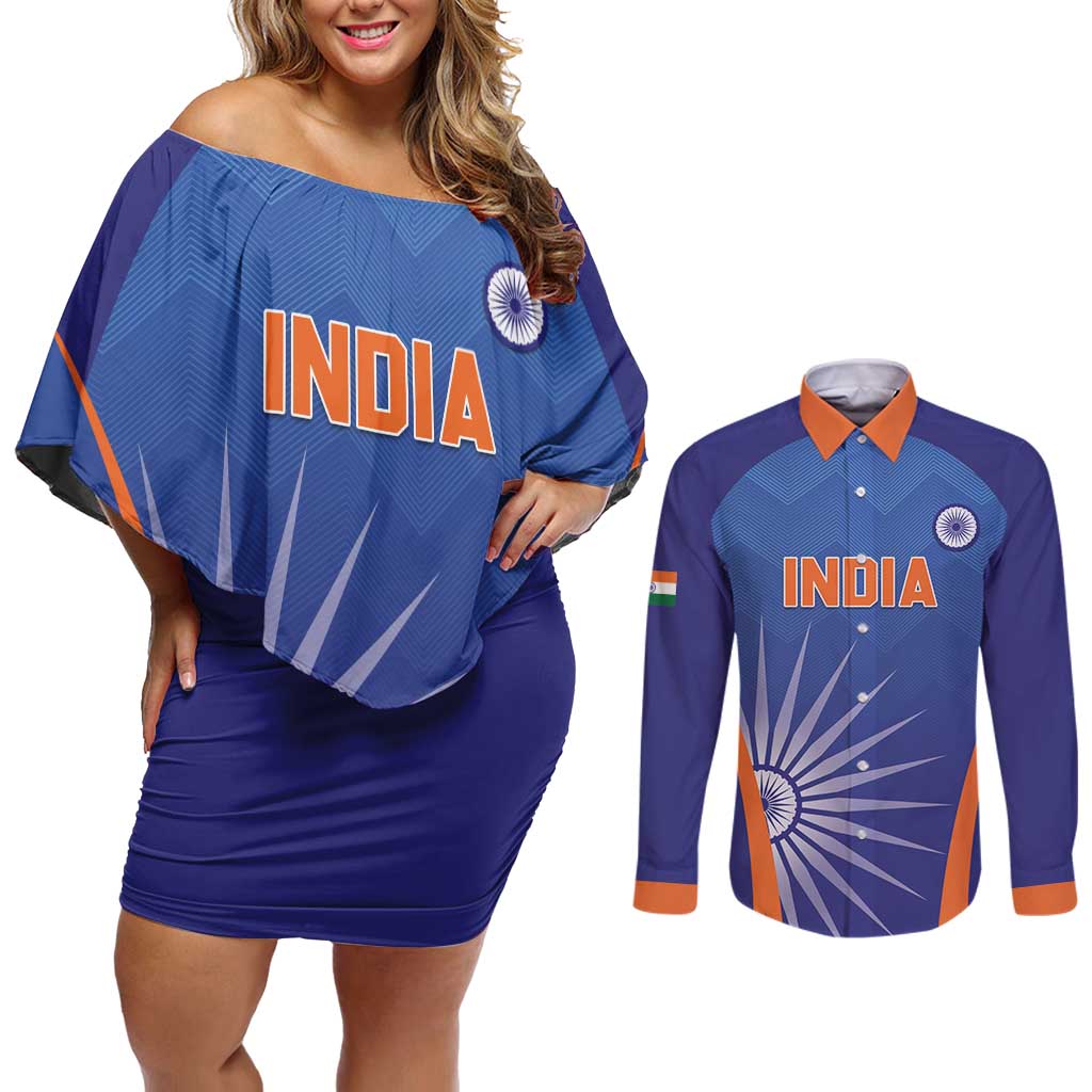 Custom India Cricket Couples Matching Off Shoulder Short Dress and Long Sleeve Button Shirt Go Champions Men In Blue LT05 - Wonder Print Shop