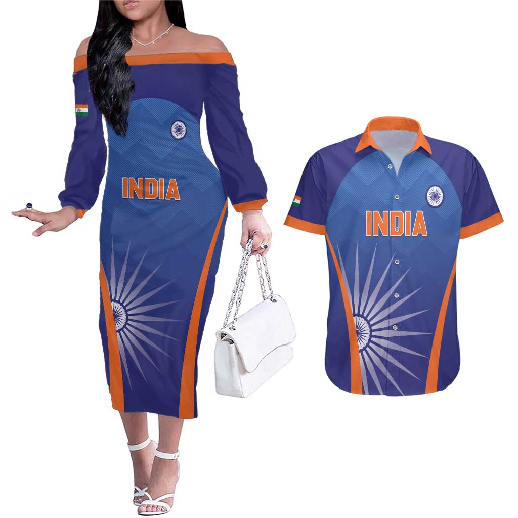 Custom India Cricket Couples Matching Off The Shoulder Long Sleeve Dress and Hawaiian Shirt Go Champions Men In Blue LT05 - Wonder Print Shop