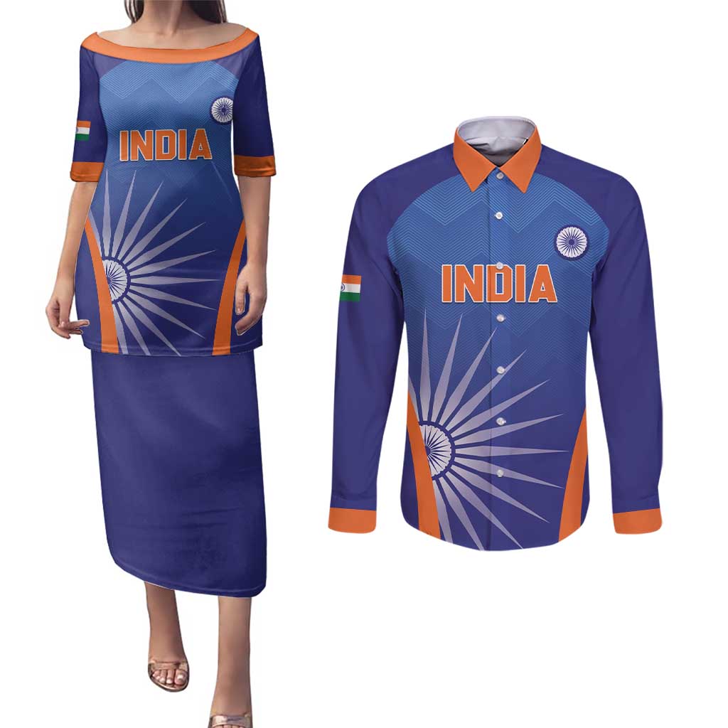 Custom India Cricket Couples Matching Puletasi and Long Sleeve Button Shirt Go Champions Men In Blue LT05 - Wonder Print Shop