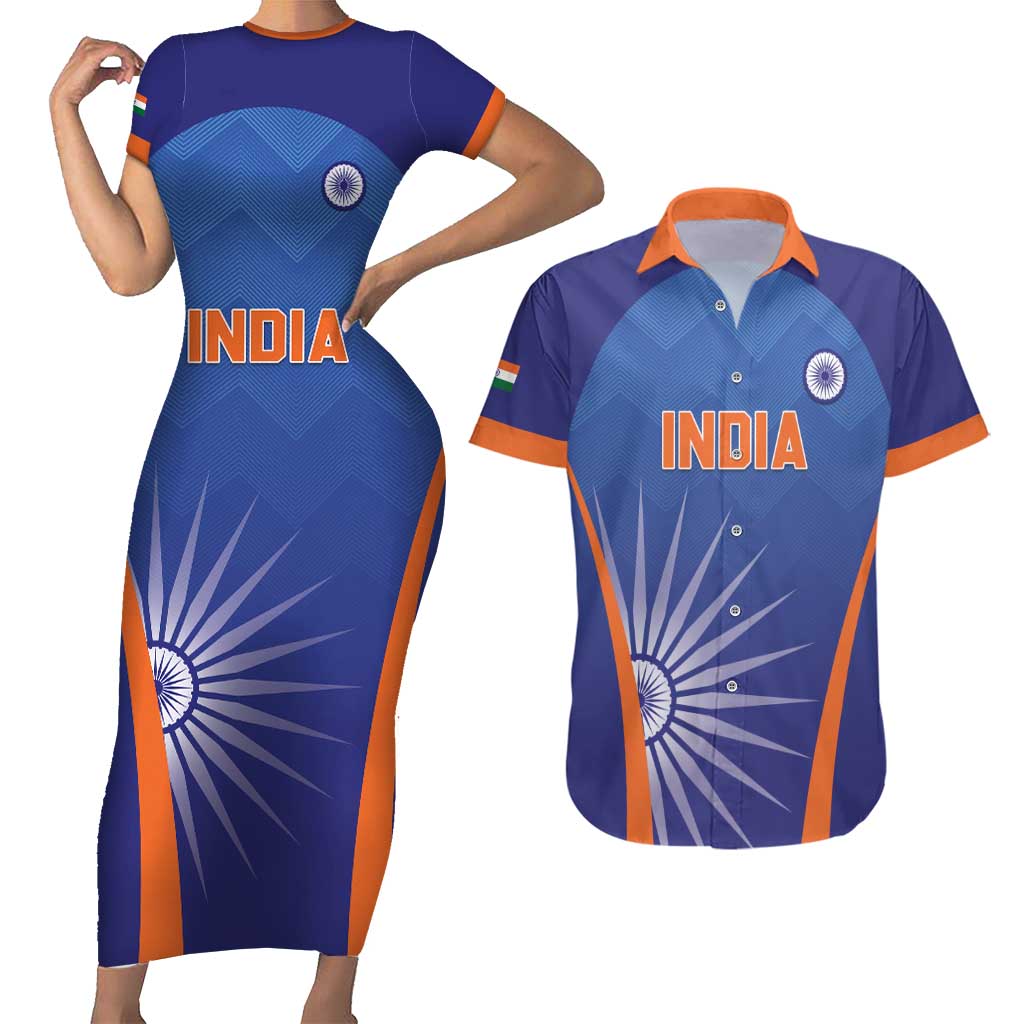 Custom India Cricket Couples Matching Short Sleeve Bodycon Dress and Hawaiian Shirt Go Champions Men In Blue LT05 - Wonder Print Shop