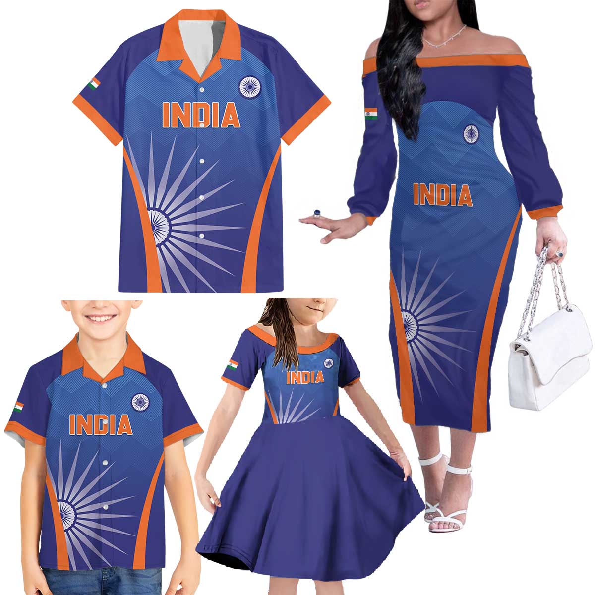 Custom India Cricket Family Matching Off The Shoulder Long Sleeve Dress and Hawaiian Shirt Go Champions Men In Blue LT05 - Wonder Print Shop