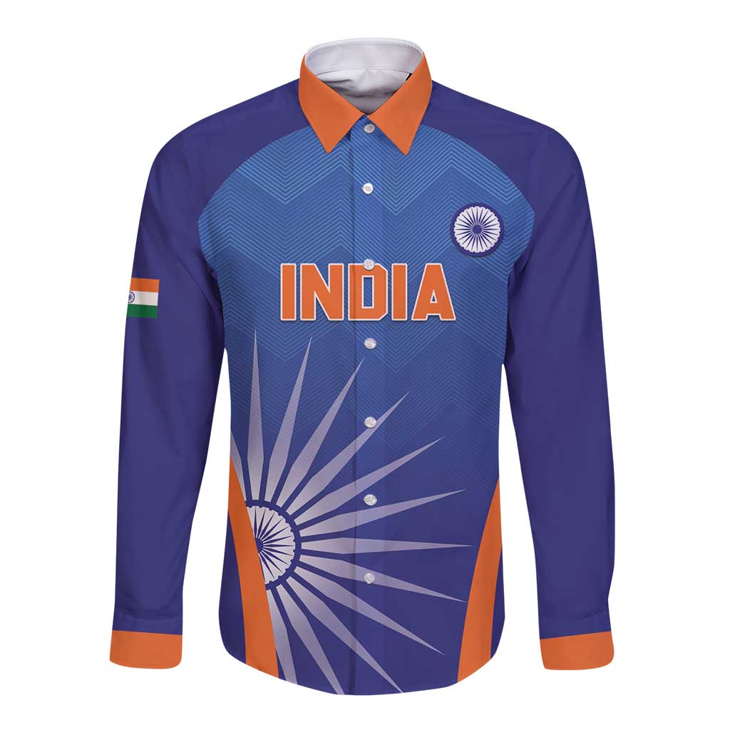 Custom India Cricket Long Sleeve Button Shirt Go Champions Men In Blue LT05 - Wonder Print Shop