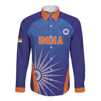 Blue long-sleeve button cricket shirt with orange collar, INDIA print and fan graphic