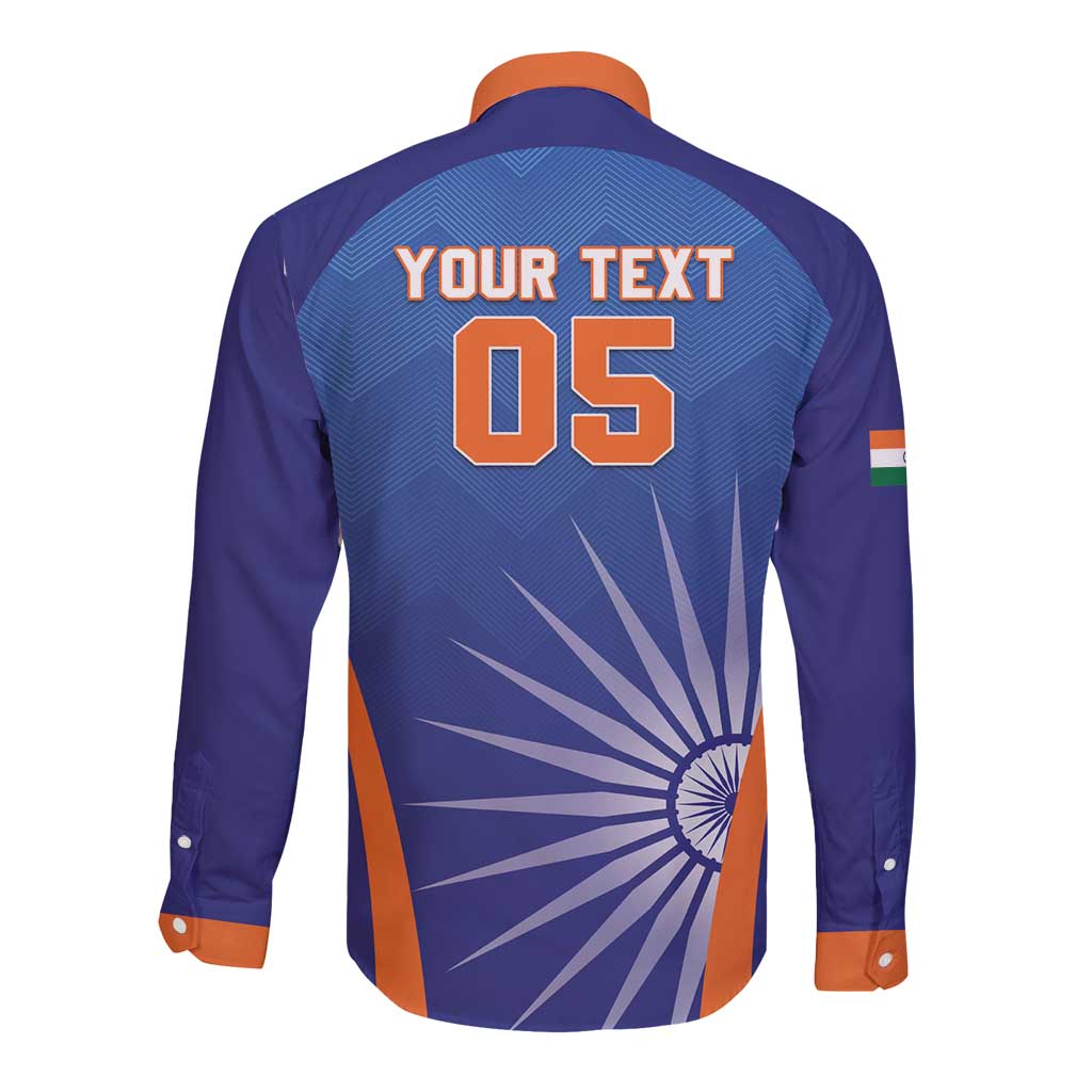 Blue long-sleeve button cricket shirt, orange collar, YOUR TEXT 05 back print