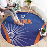 Blue round carpet with INDIA text and white chakra rays, orange side panels