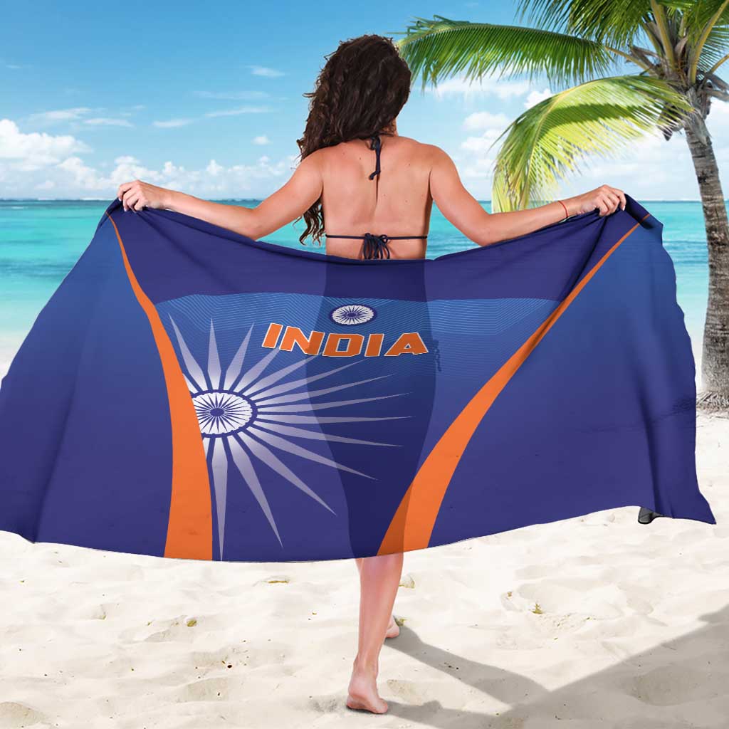Blue India cricket sarong, back view, orange trim and “INDIA” graphic