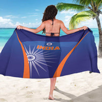 Blue India cricket sarong, back view, orange trim and “INDIA” graphic