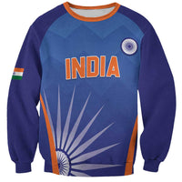 Men's blue cricket sweatshirt, front INDIA print with orange border and emblem