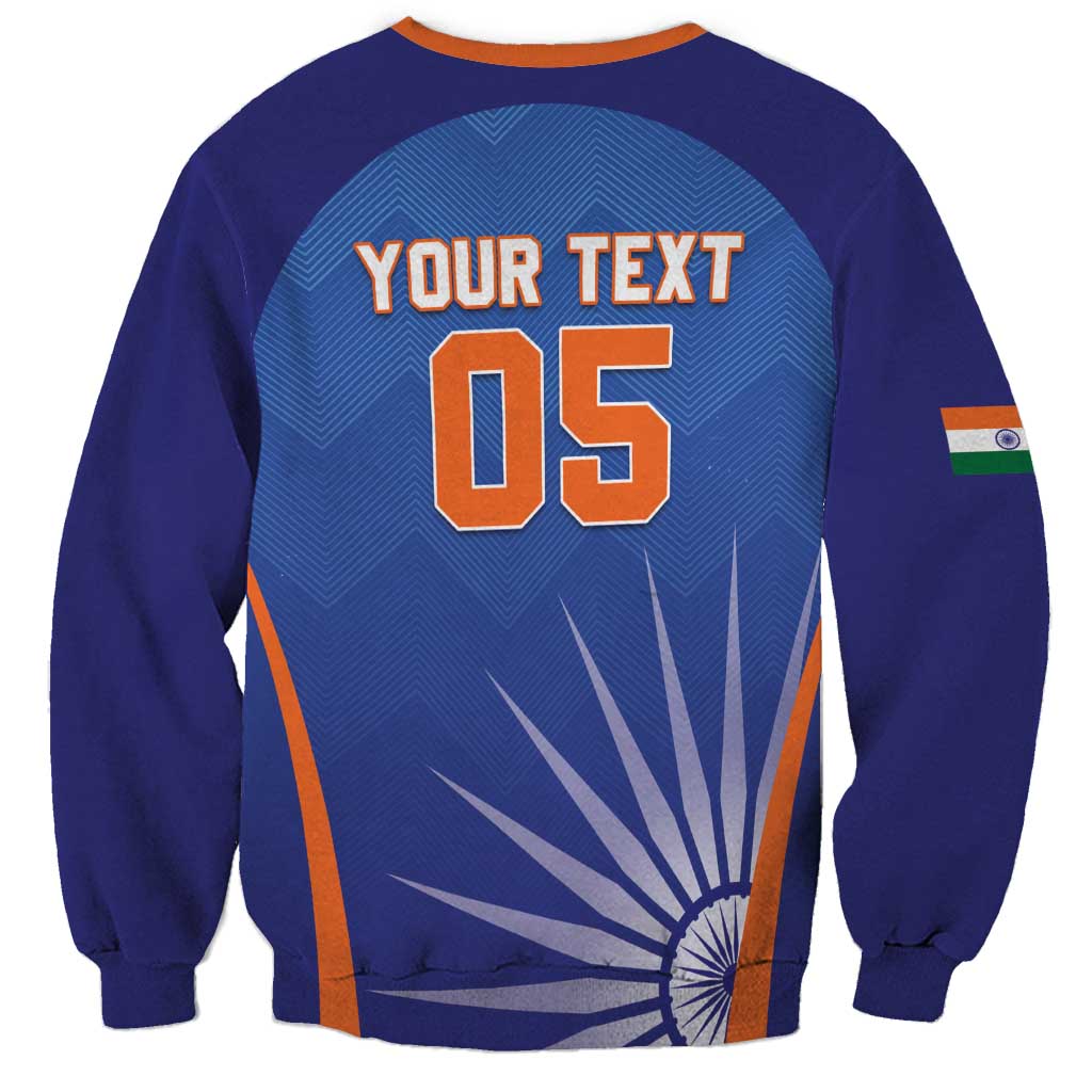 Men's blue cricket sweatshirt, back YOUR TEXT 05 print with orange and India motif