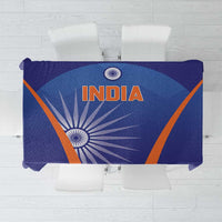 India cricket tablecloth in blue with orange stripes and INDIA graphic, Ashoka emblem.