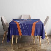 Blue India cricket tablecloth with orange diagonal stripes and centered graphic on tabletop.