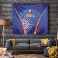 Blue India cricket tapestry with orange border and starburst logo