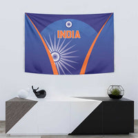 Blue India cricket tapestry on white wall, orange border, INDIA text and emblem