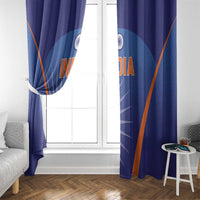 Blue window curtain panels with India text, Ashoka wheel graphic, and orange diagonal borders