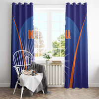 Rod-hung blue curtains with hook tabs, India text, Ashoka wheel, and orange diagonal lines