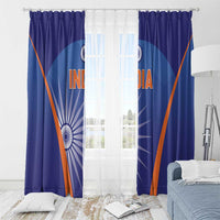 Rod-hung blue window curtains with India text, Ashoka wheel emblem, and orange diagonal accents