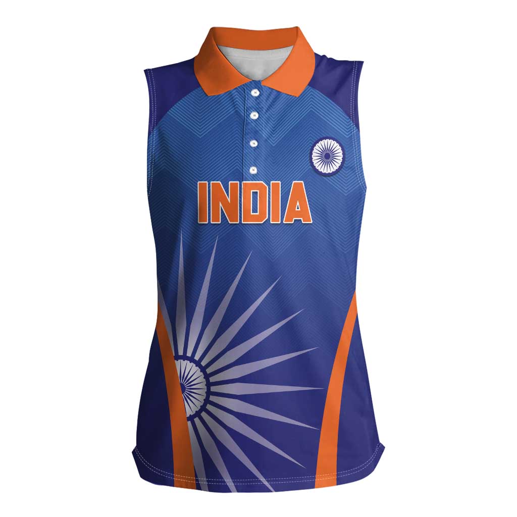 Custom India Cricket Women Sleeveless Polo Shirt Go Champions Men In Blue