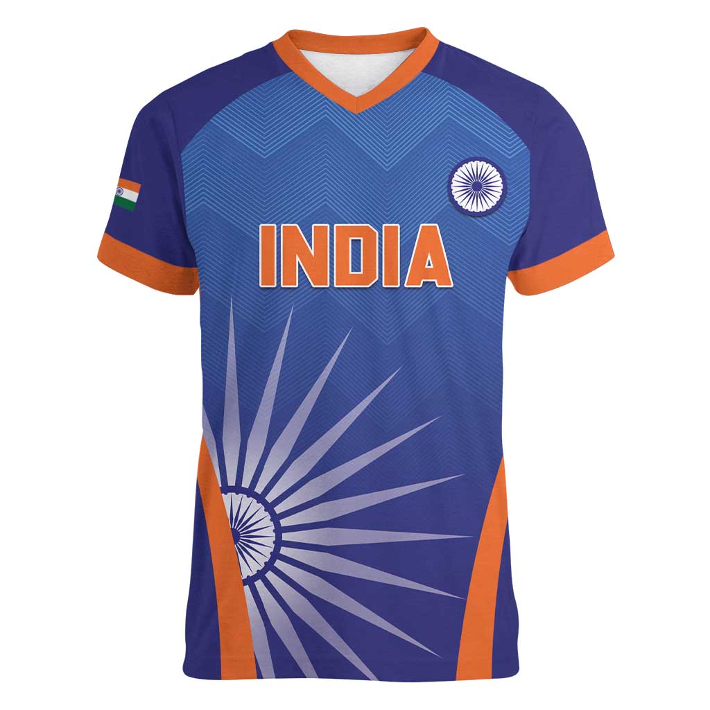 Custom India Cricket Women V-Neck T-Shirt Go Champions Men In Blue