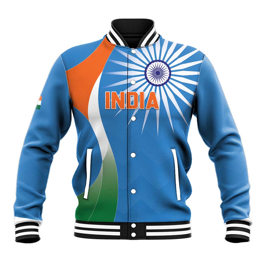 Unisex blue baseball jacket with ribbed striped collar, button front, India graphic