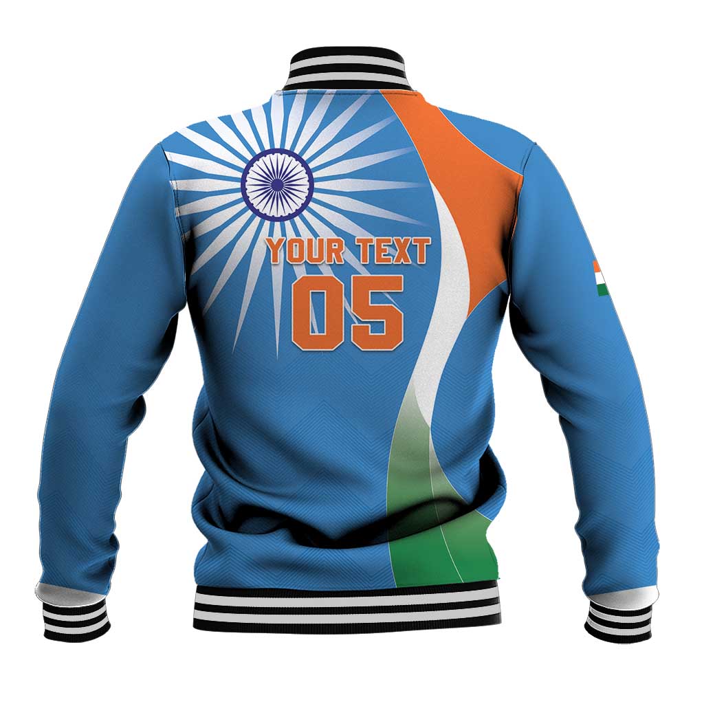 Unisex blue baseball jacket with ribbed striped collar, back India emblem, 'YOUR TEXT 05'