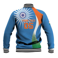 Unisex blue baseball jacket with ribbed striped collar, back India emblem, 'YOUR TEXT 05'
