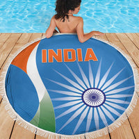 Round blue India beach blanket with fringe and INDIA graphic, tricolor with chakra wheel