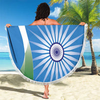 Round blue India beach blanket with fringe, INDIA tricolor chakra design held on beach