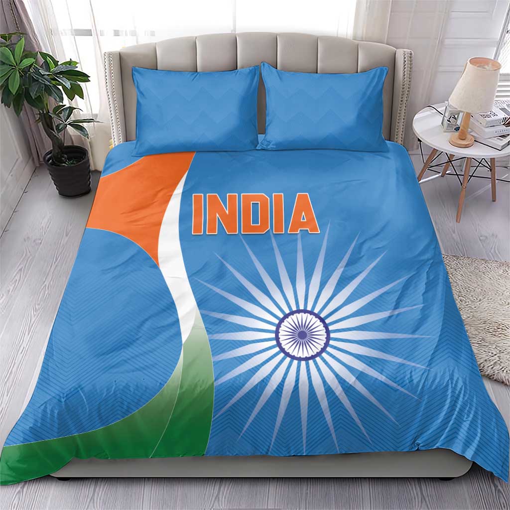 Blue duvet cover with INDIA text, sunburst and tricolor design plus two pillowcases