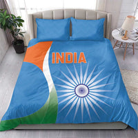 Blue duvet cover with INDIA text, sunburst and tricolor design plus two pillowcases