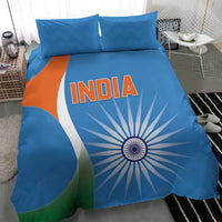 Blue duvet cover with INDIA print and tricolor sunburst, two matching pillowcases