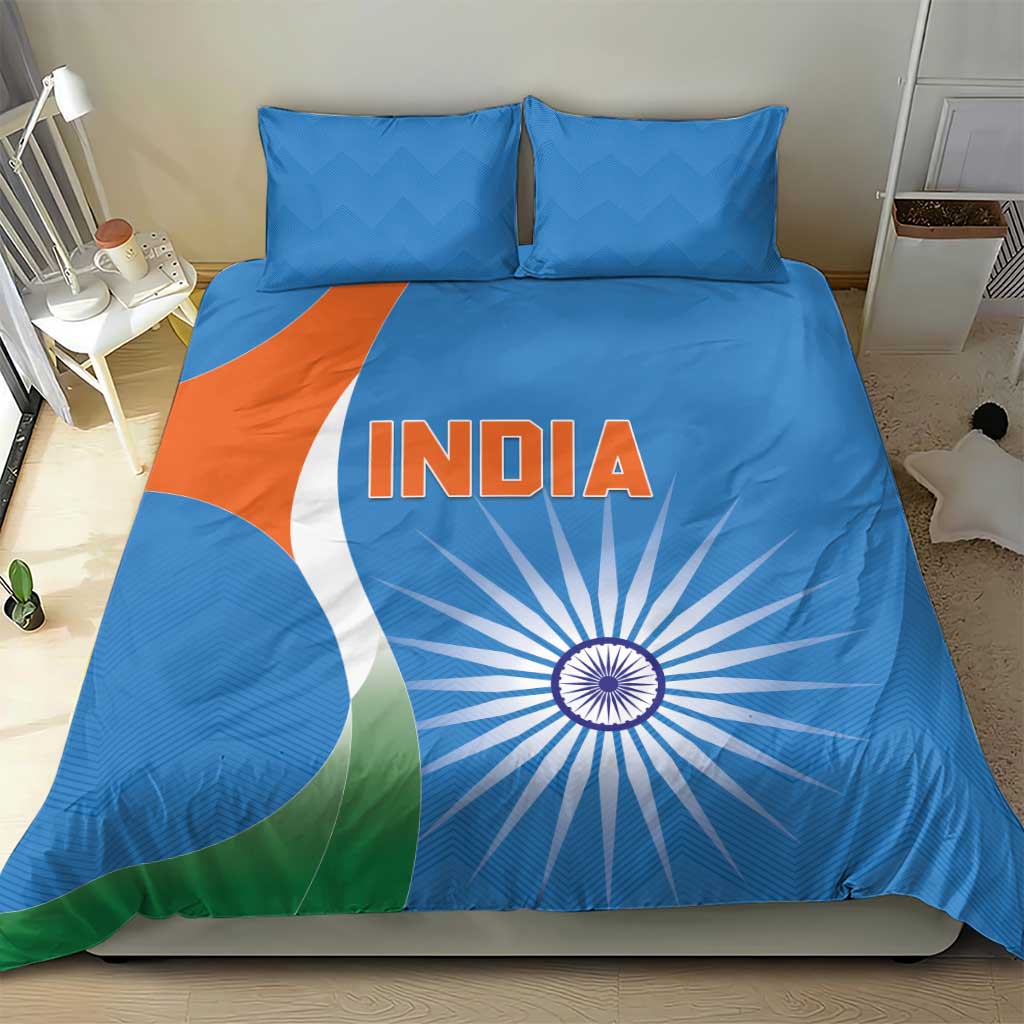 Blue duvet cover with INDIA lettering and tricolor wheel design, matching pillow pair